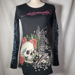 NWT Ed Hardy black longsleeve bling skull koifish